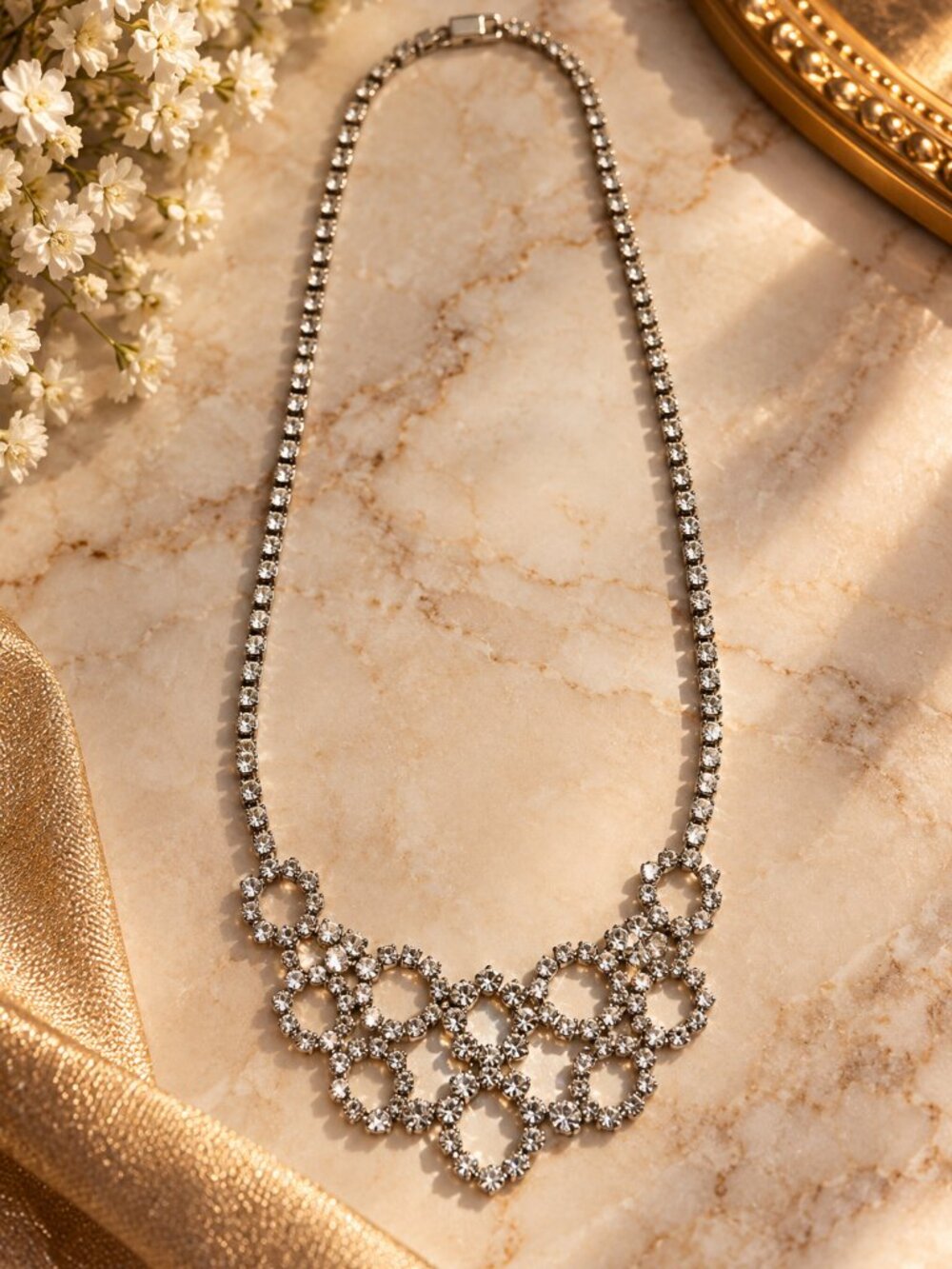 Vintage Silver Tone Clear Rhinestone Statement Necklace